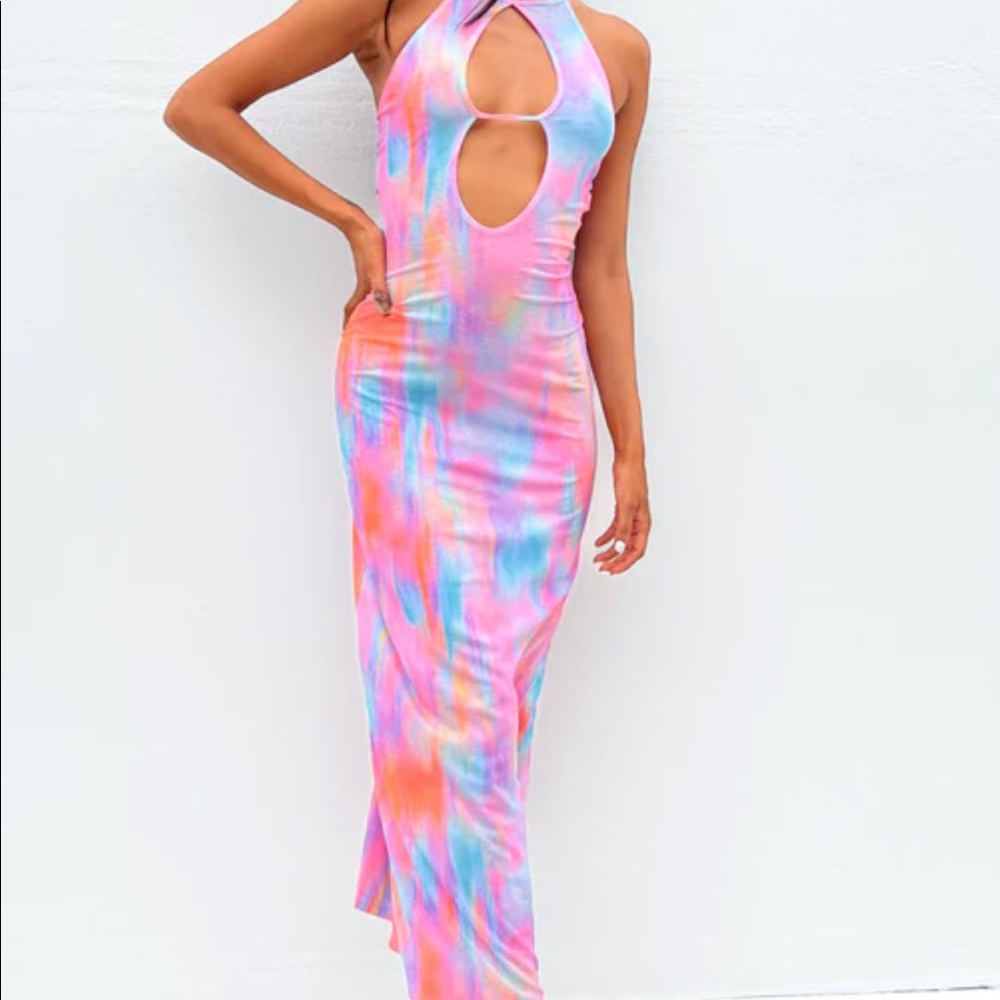 Trinity Blue Print Mesh Maxi Dress